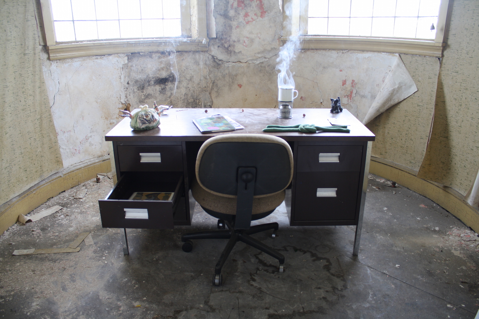 Install shot of exhibition with art by Amy Stober for Desk Show with Collisions Craft